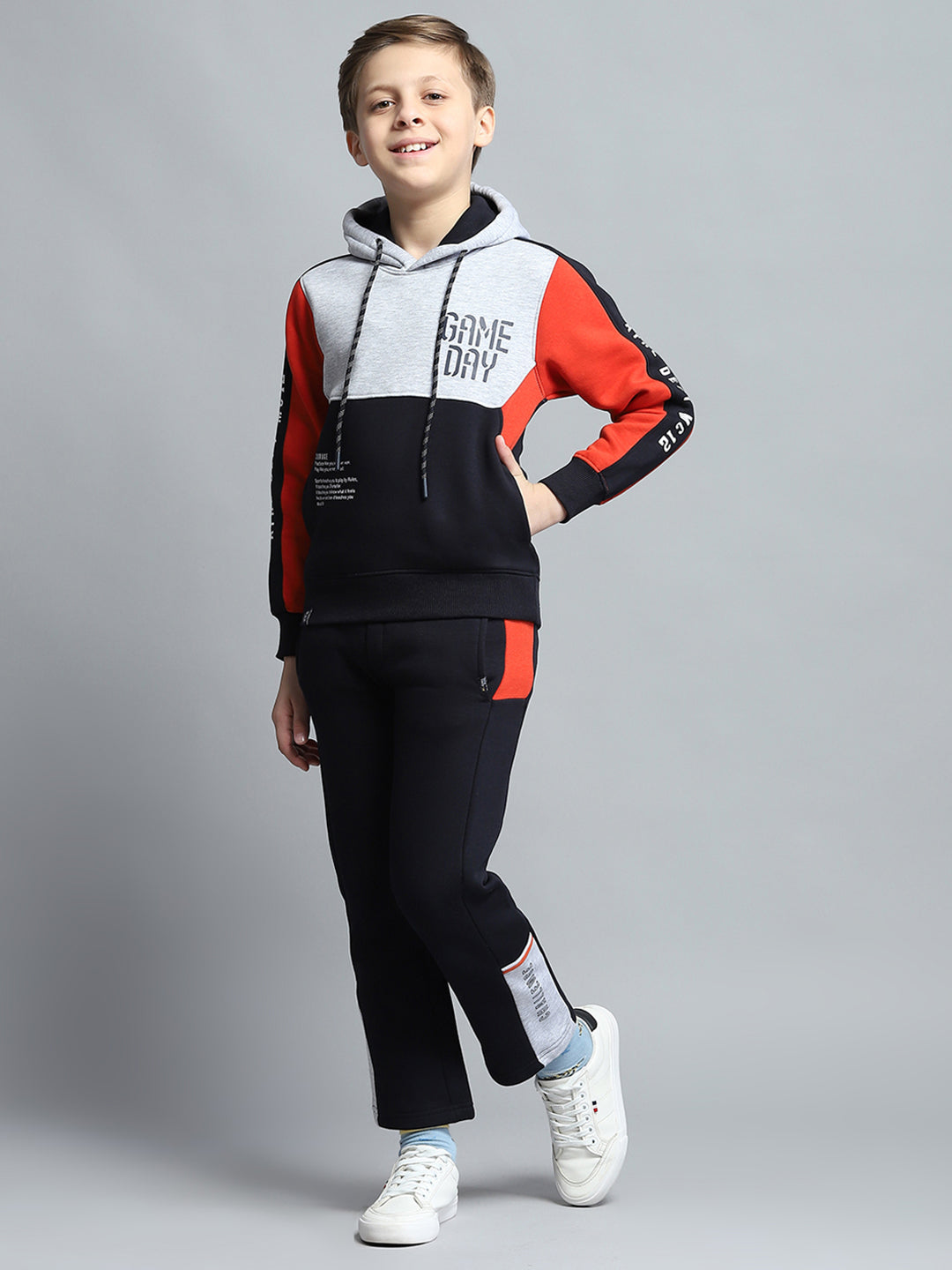 Boys Navy Blue Printed Hooded Full Sleeve Tracksuit