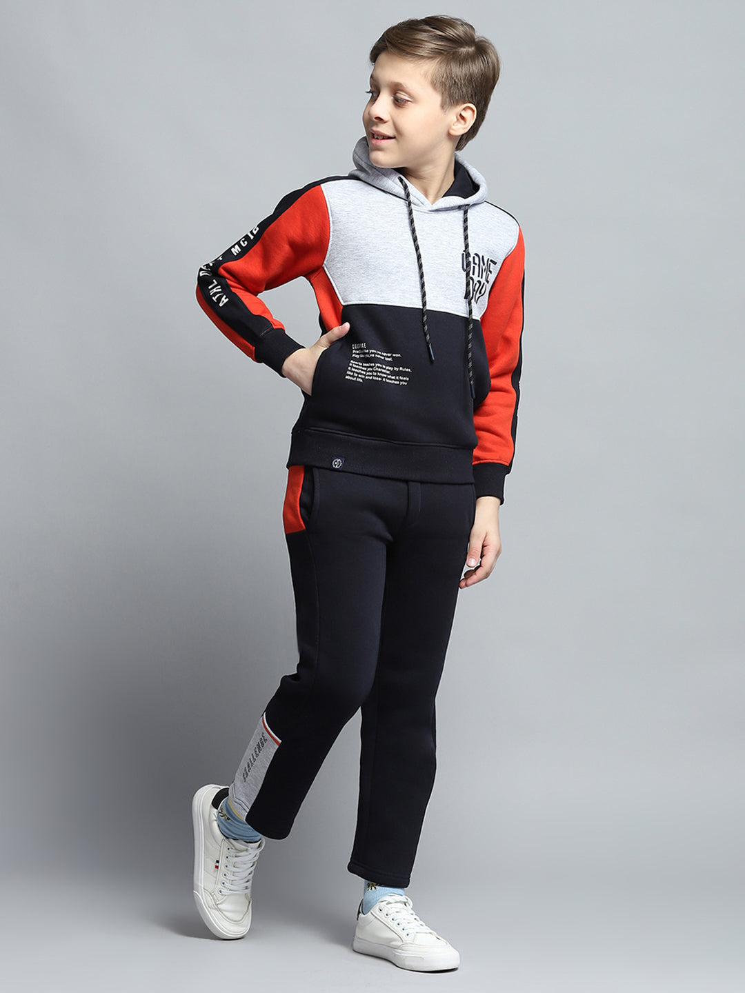 Boys Navy Blue Printed Hooded Full Sleeve Tracksuit