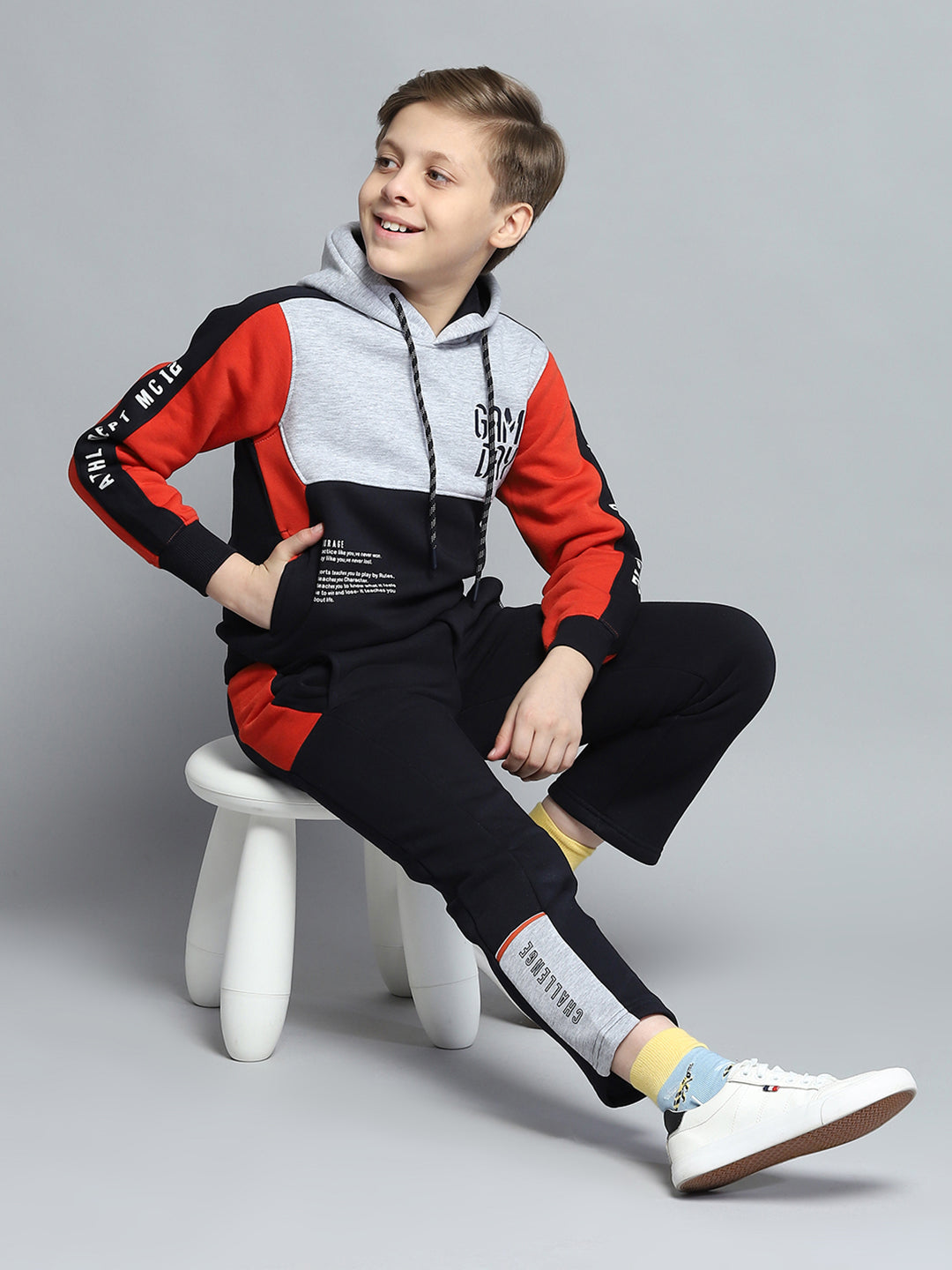 Boys Navy Blue Printed Hooded Full Sleeve Tracksuit