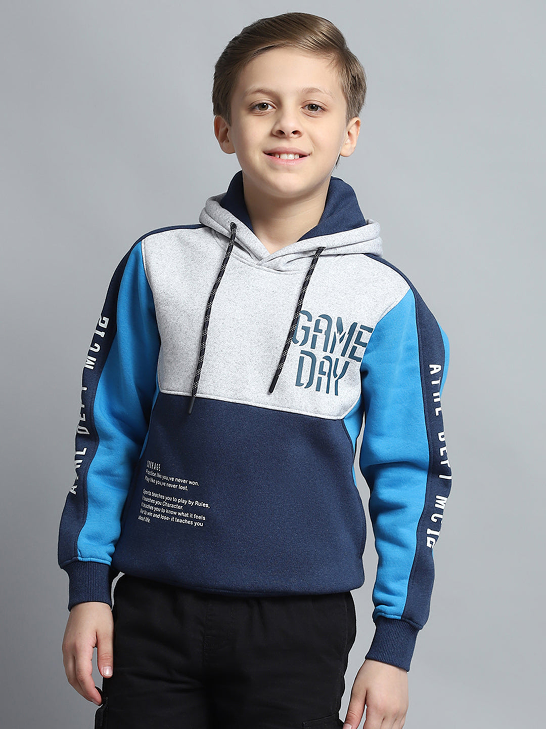 Boys Navy Blue Printed Hooded Full Sleeve Tracksuit