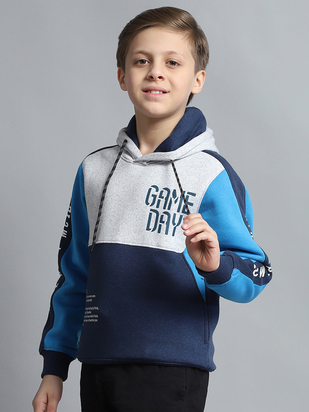 Boys Navy Blue Printed Hooded Full Sleeve Tracksuit