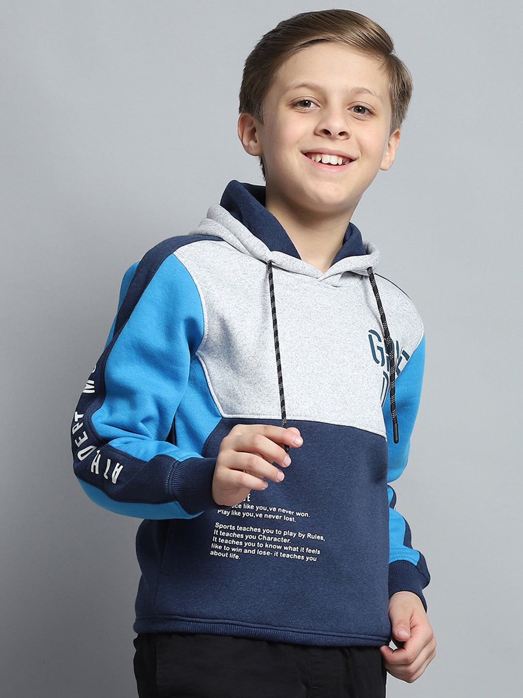 Boys Navy Blue Printed Hooded Full Sleeve Tracksuit