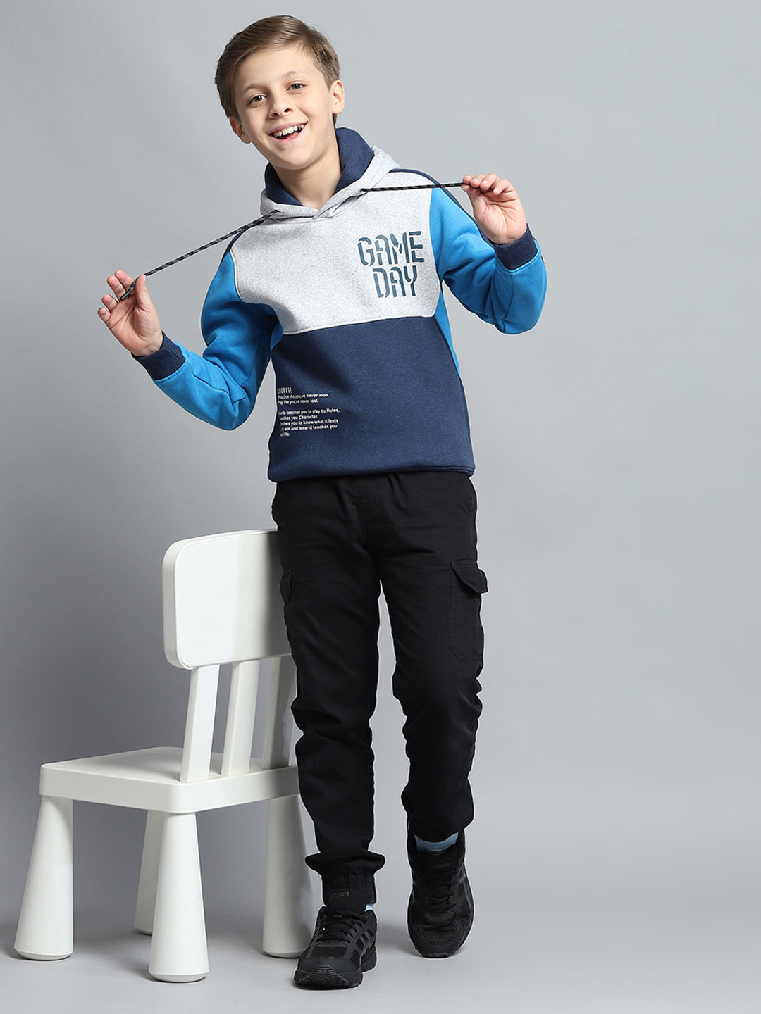 Boys Navy Blue Printed Hooded Full Sleeve Tracksuit