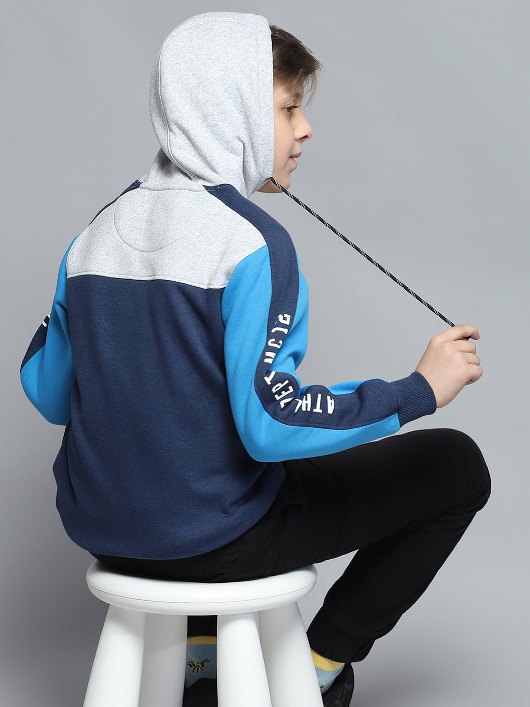 Boys Navy Blue Printed Hooded Full Sleeve Tracksuit