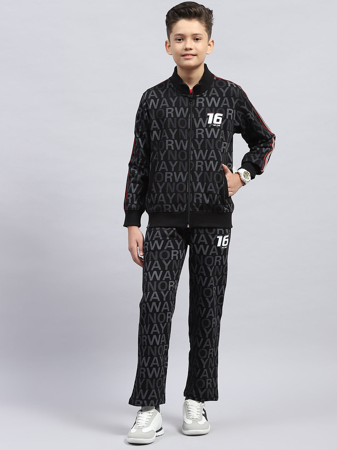 Boys Black Printed Mock Neck Full Sleeve Winter Tracksuit