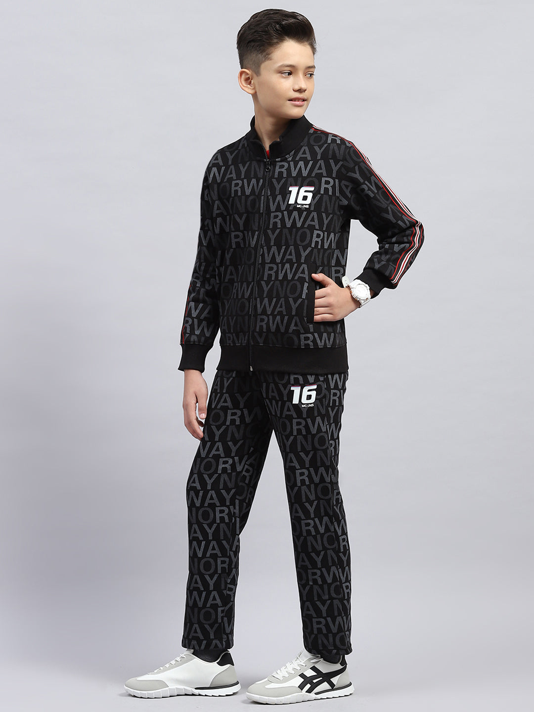 Boys Black Printed Mock Neck Full Sleeve Winter Tracksuit