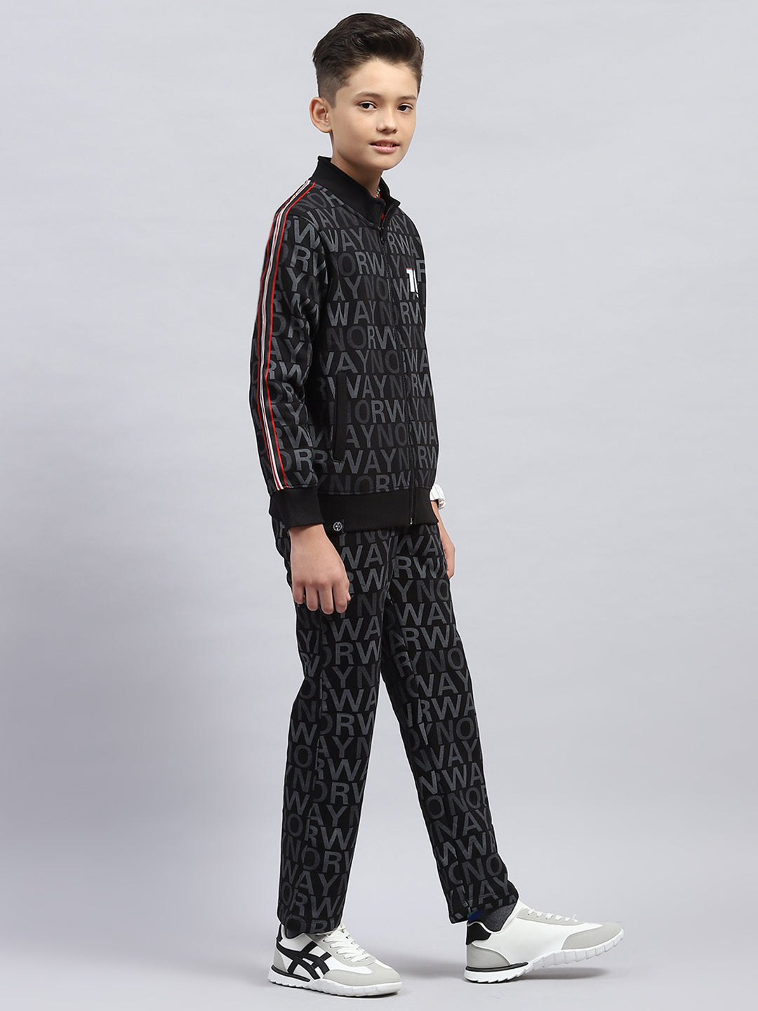 Boys Black Printed Mock Neck Full Sleeve Winter Tracksuit