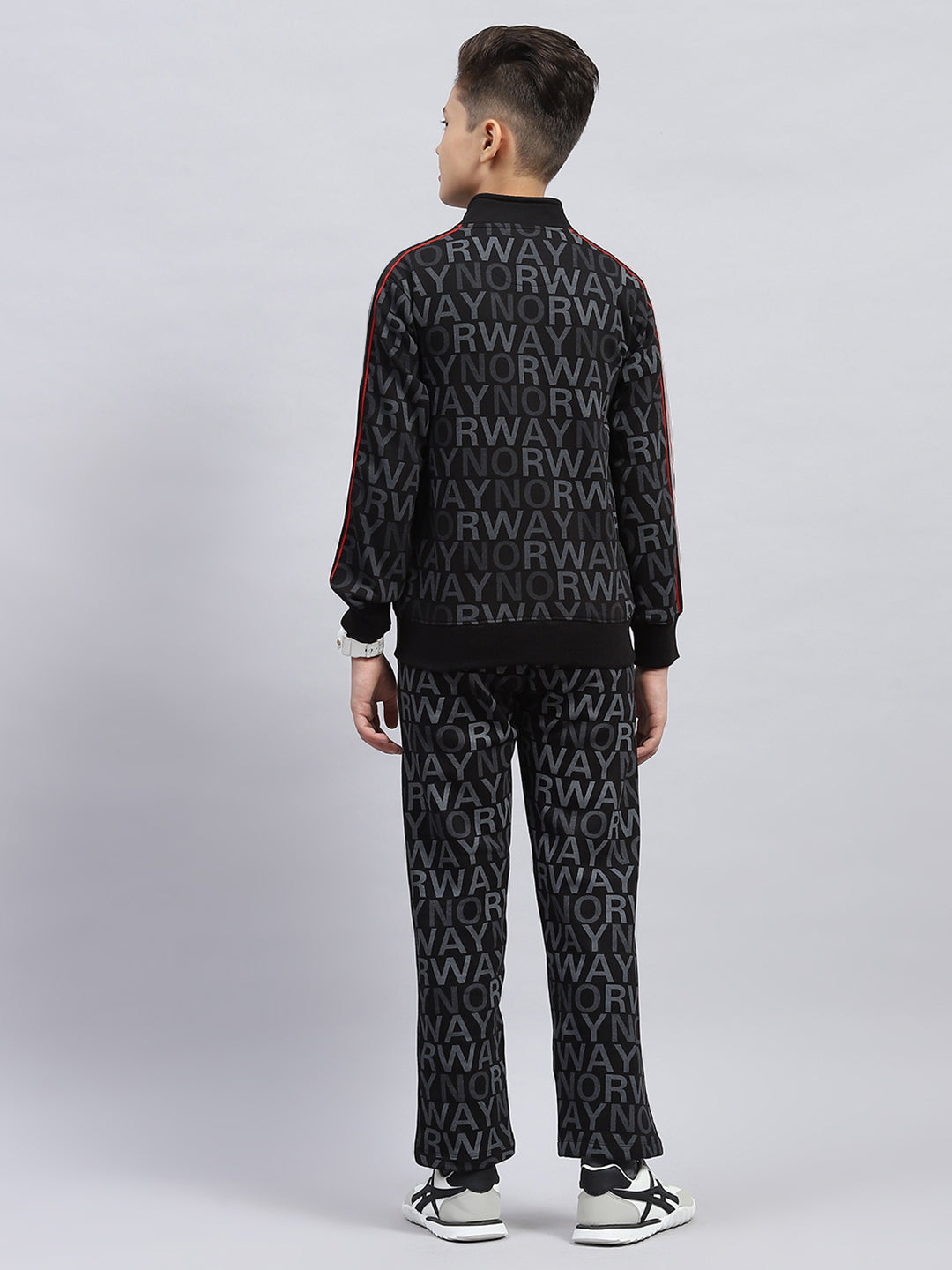 Boys Black Printed Mock Neck Full Sleeve Winter Tracksuit