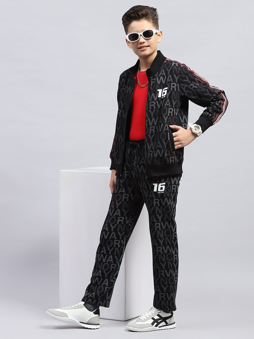Boys Black Printed Mock Neck Full Sleeve Winter Tracksuit