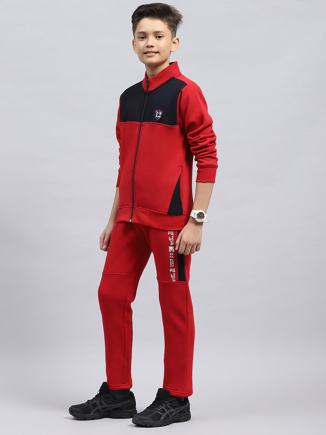 Boys Red Printed Mock Neck Full Sleeve Tracksuit