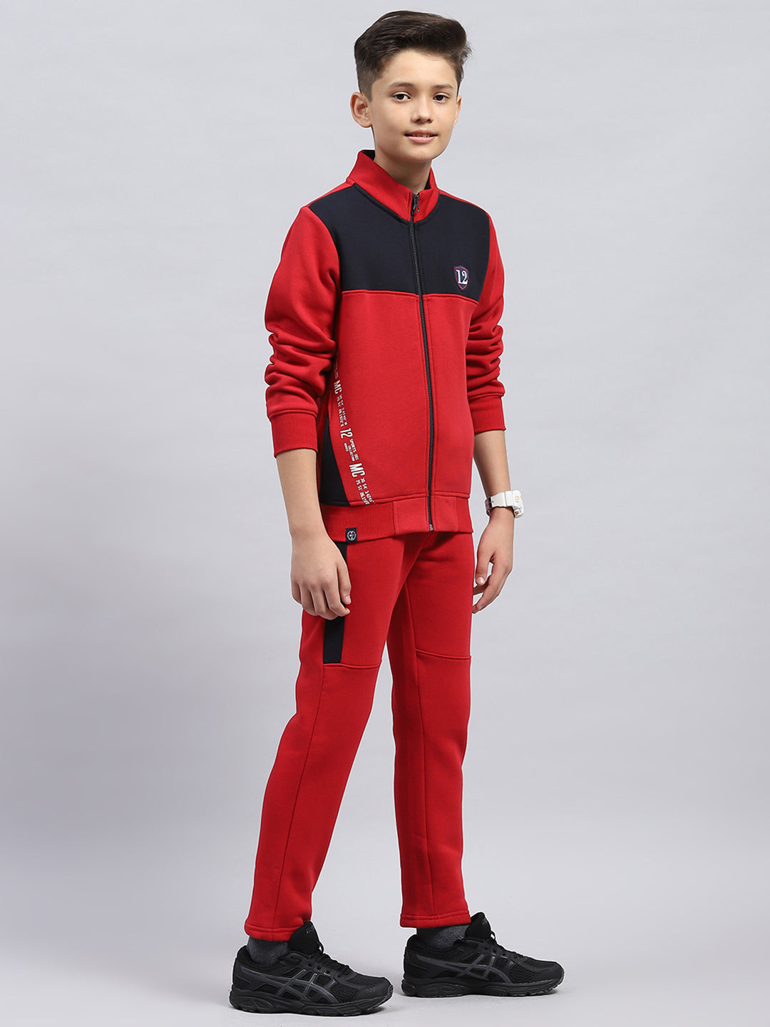 Boys Red Printed Mock Neck Full Sleeve Tracksuit