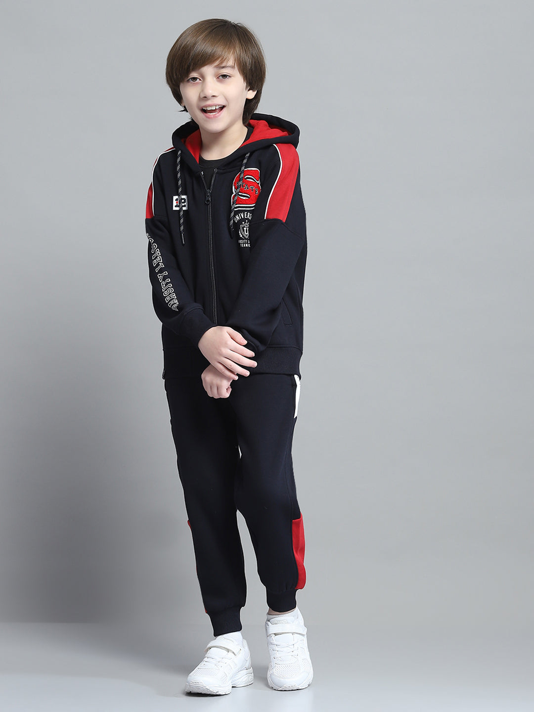 Boys Navy Blue Printed Hooded Full Sleeve Tracksuit