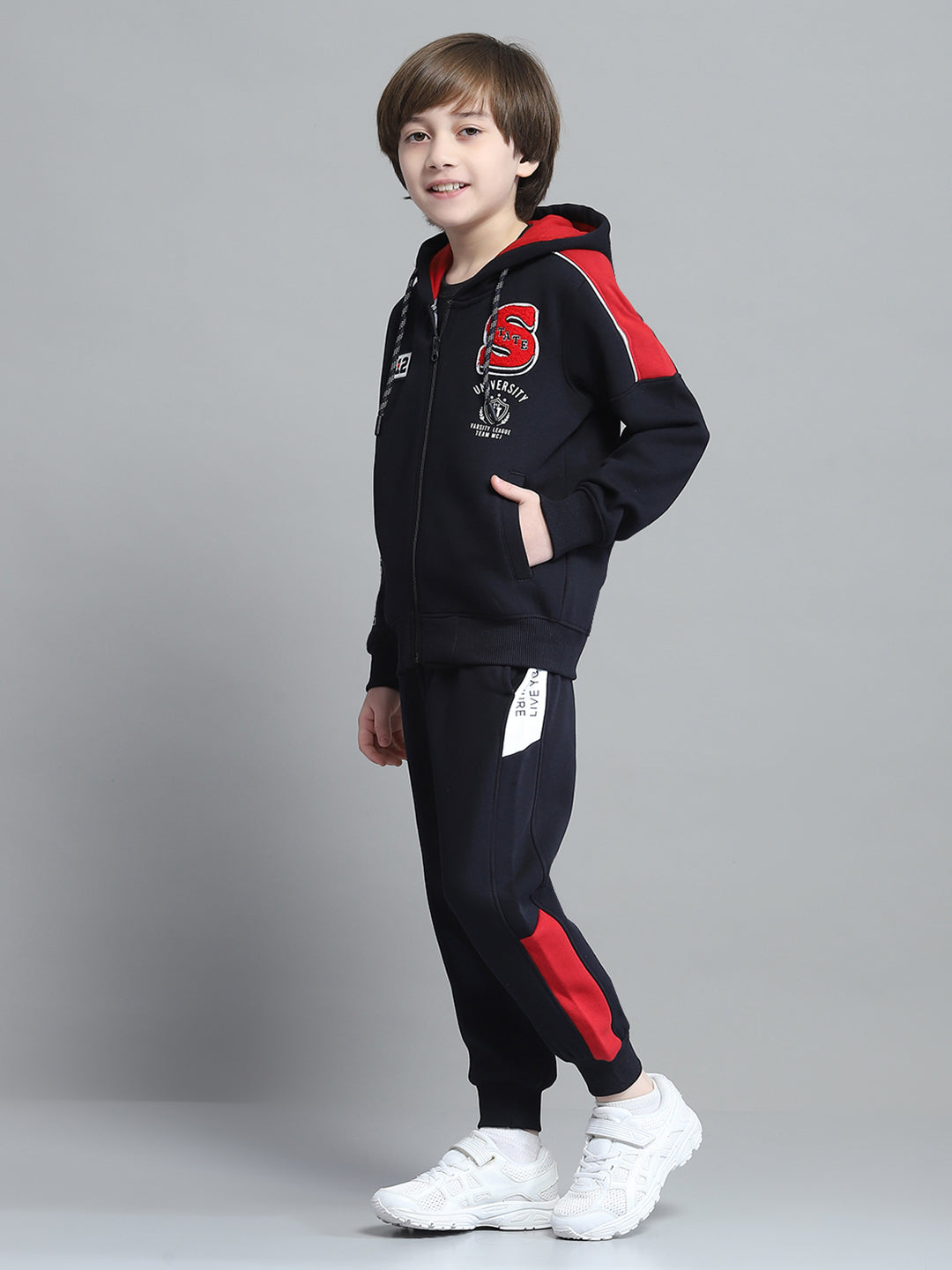 Boys Navy Blue Printed Hooded Full Sleeve Tracksuit