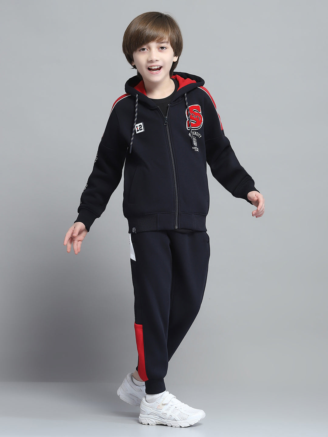 Boys Navy Blue Printed Hooded Full Sleeve Tracksuit