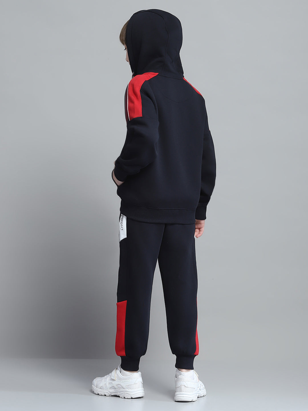 Boys Navy Blue Printed Hooded Full Sleeve Tracksuit