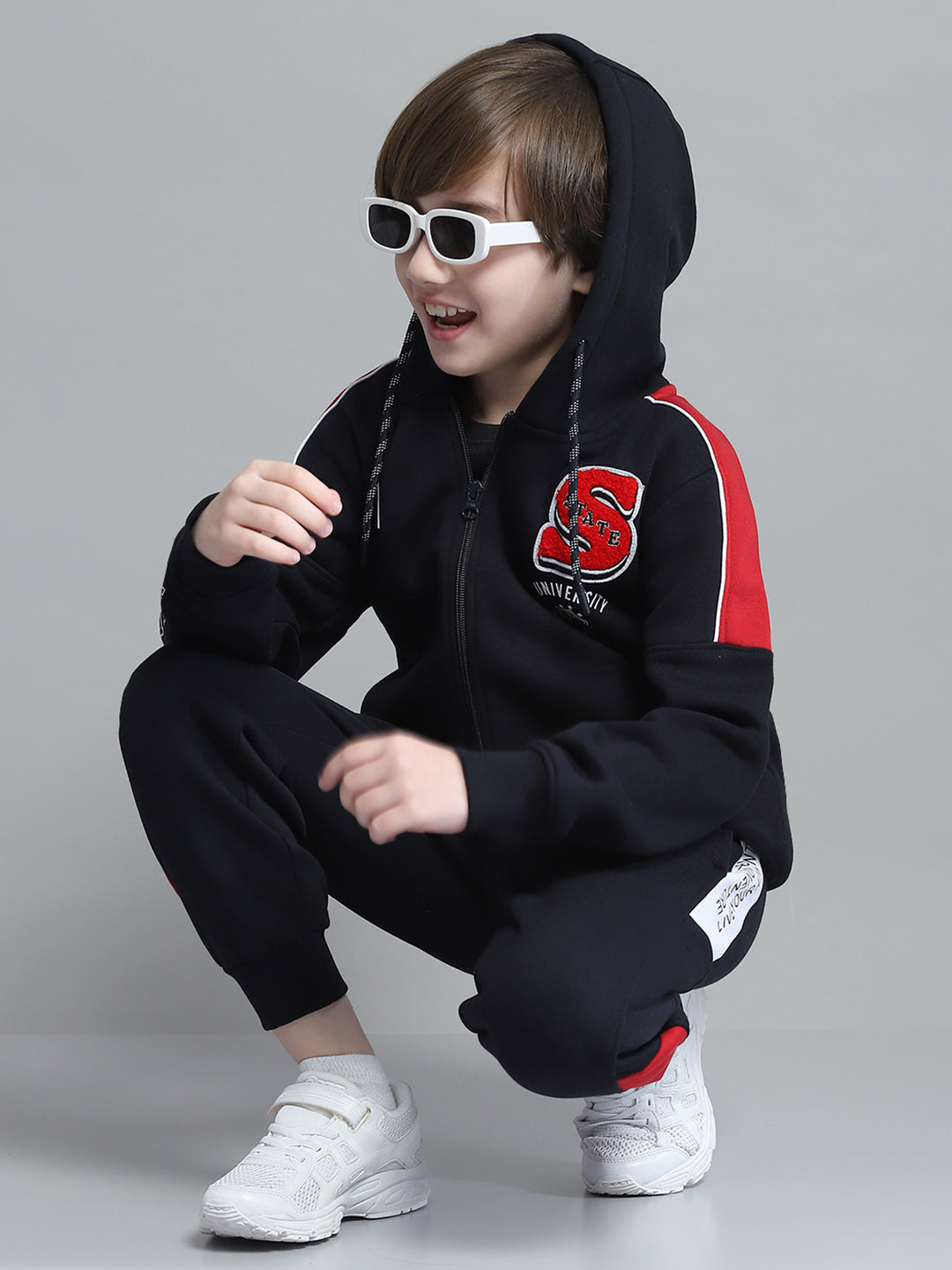 Boys Navy Blue Printed Hooded Full Sleeve Tracksuit