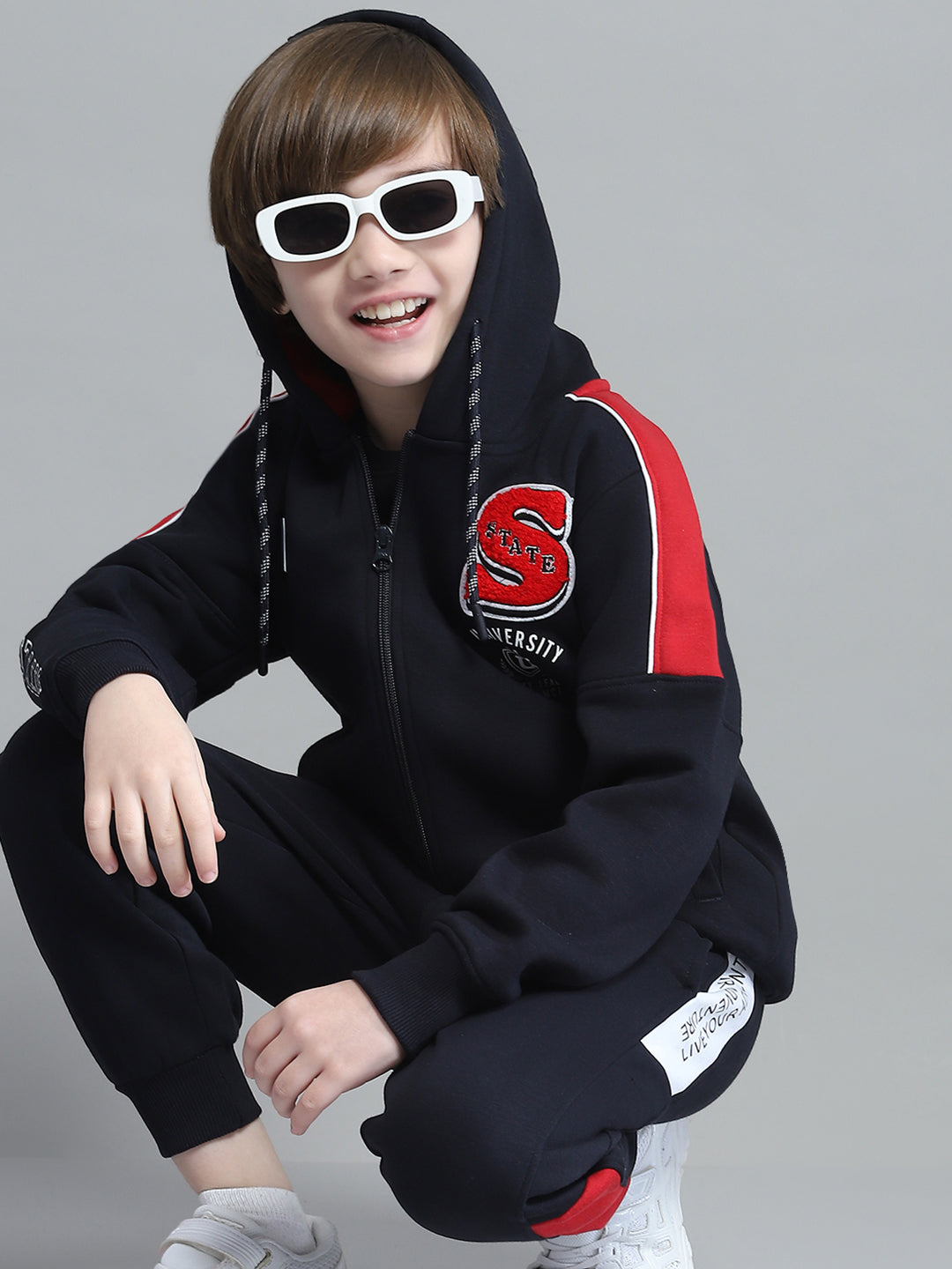 Boys Navy Blue Printed Hooded Full Sleeve Tracksuit