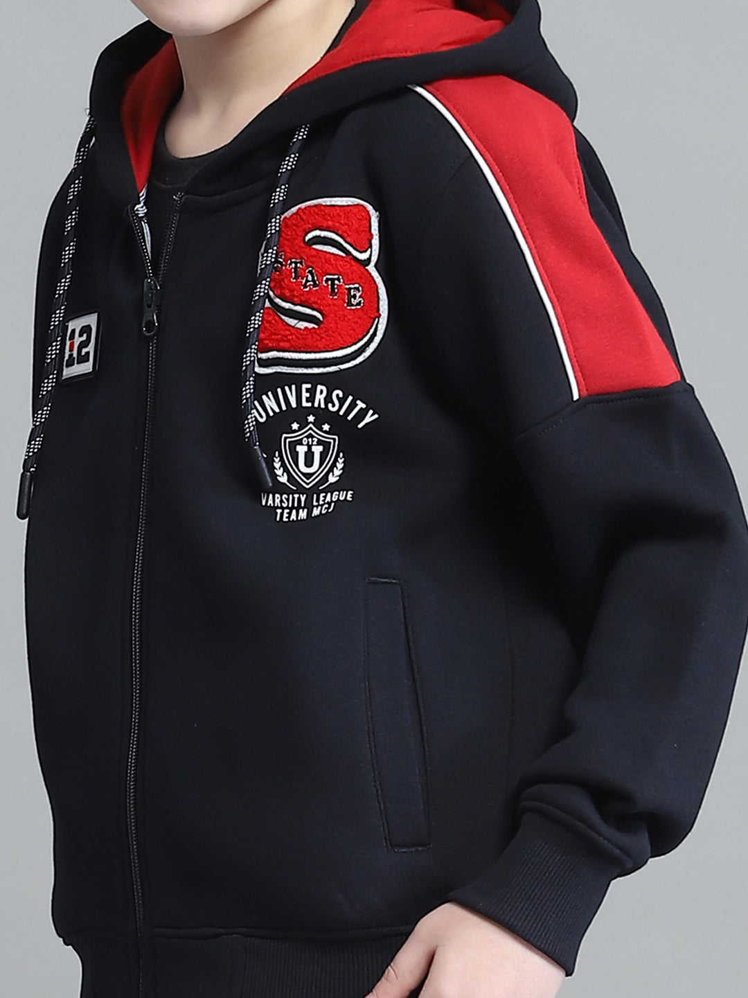 Boys Navy Blue Printed Hooded Full Sleeve Tracksuit