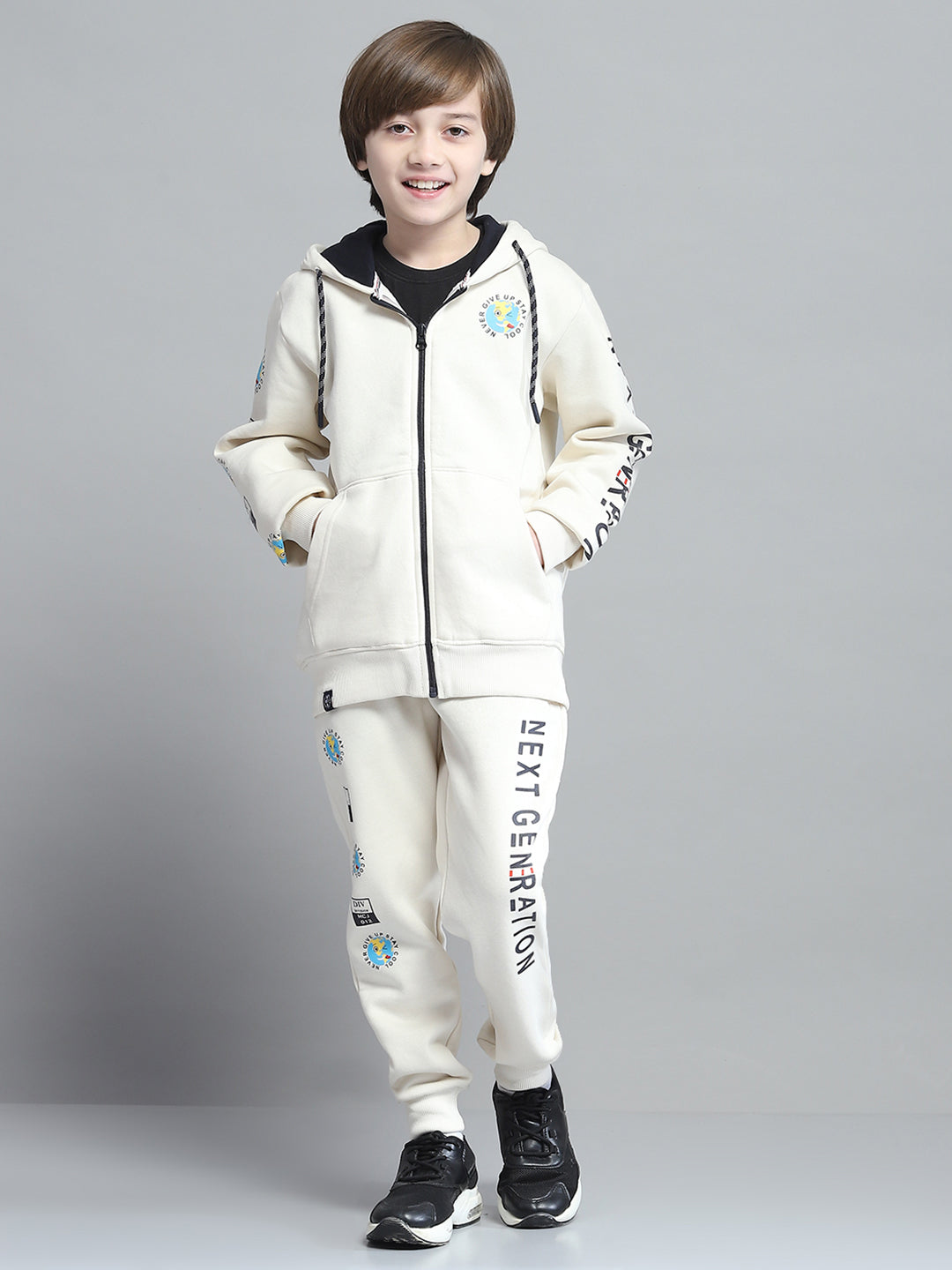Boys Beige Printed Hooded Full Sleeve Tracksuit