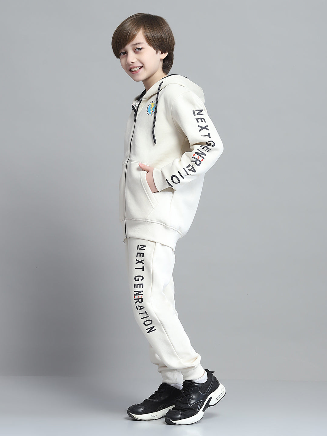 Boys Beige Printed Hooded Full Sleeve Tracksuit