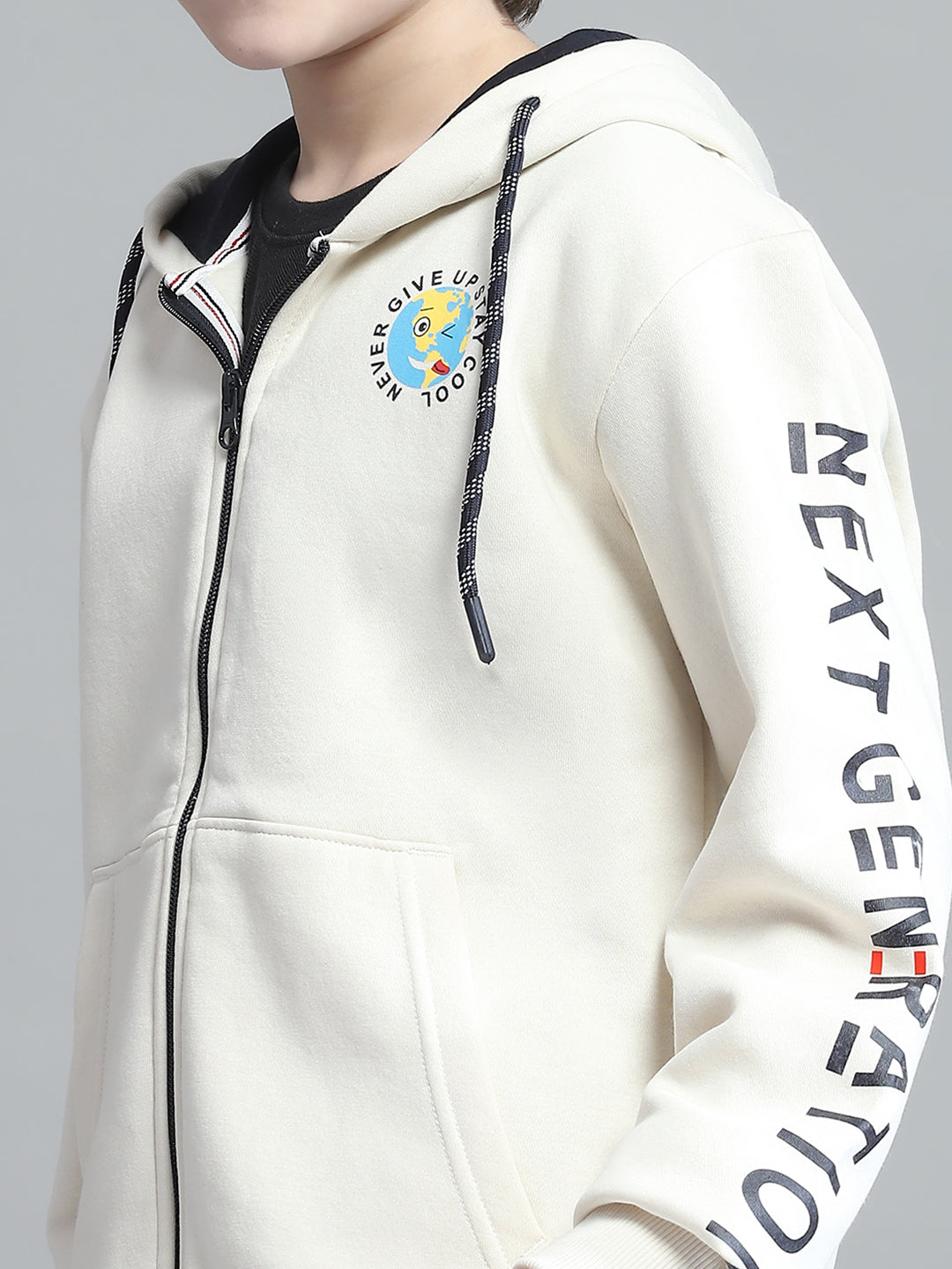 Boys Beige Printed Hooded Full Sleeve Tracksuit