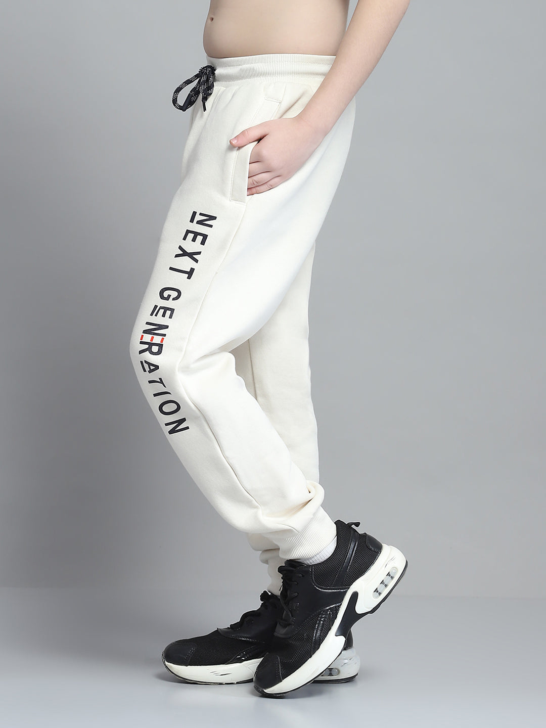 Boys Beige Printed Hooded Full Sleeve Tracksuit