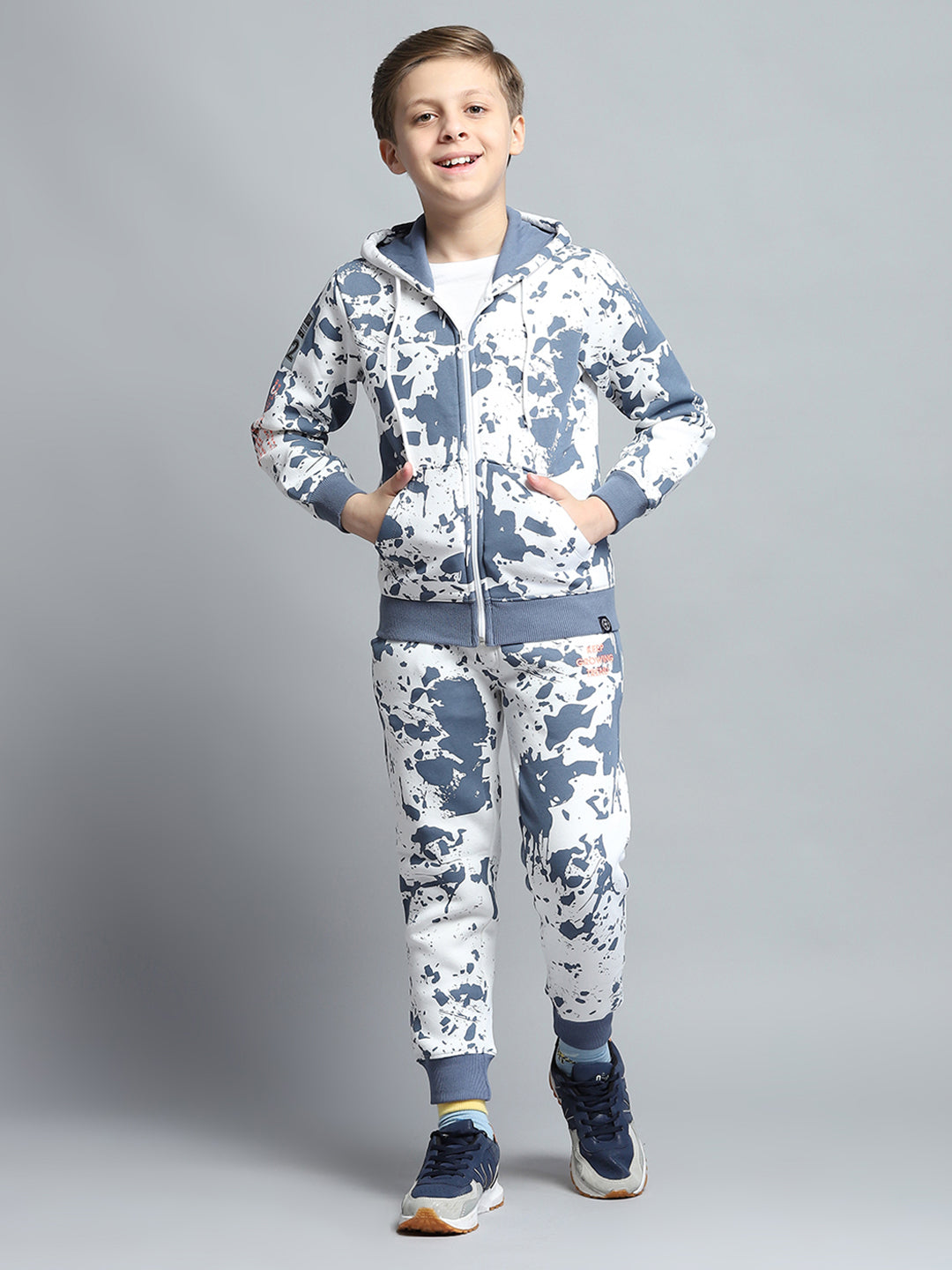 Boys Blue Printed Hooded Full Sleeve Tracksuit