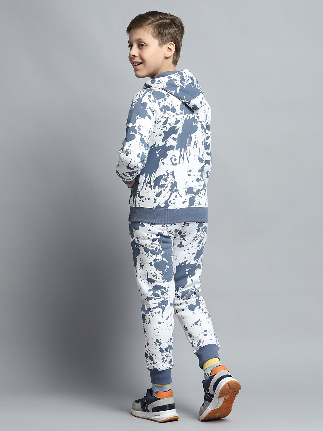 Boys Blue Printed Hooded Full Sleeve Tracksuit