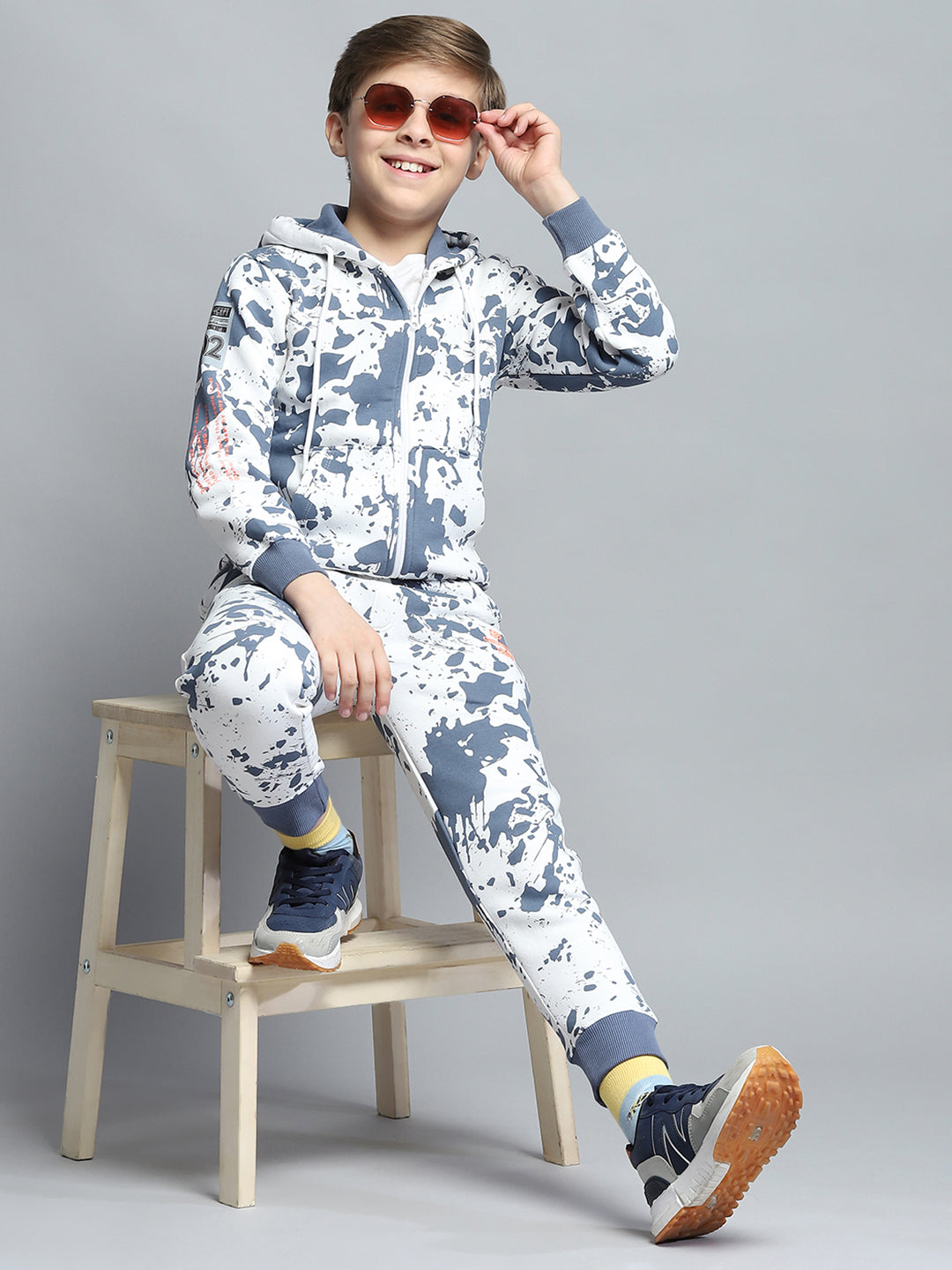 Boys Blue Printed Hooded Full Sleeve Tracksuit
