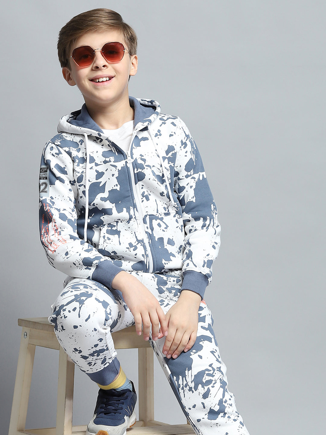 Boys Blue Printed Hooded Full Sleeve Tracksuit