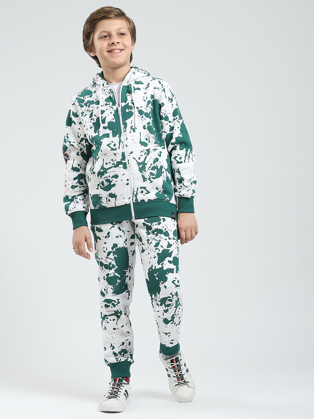 Boys Green Printed Hooded Full Sleeve Tracksuit