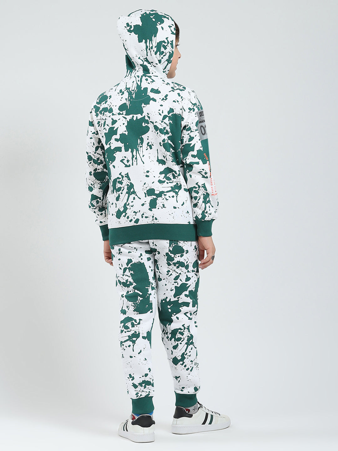 Boys Green Printed Hooded Full Sleeve Tracksuit