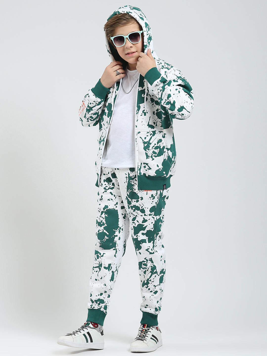 Boys Green Printed Hooded Full Sleeve Tracksuit
