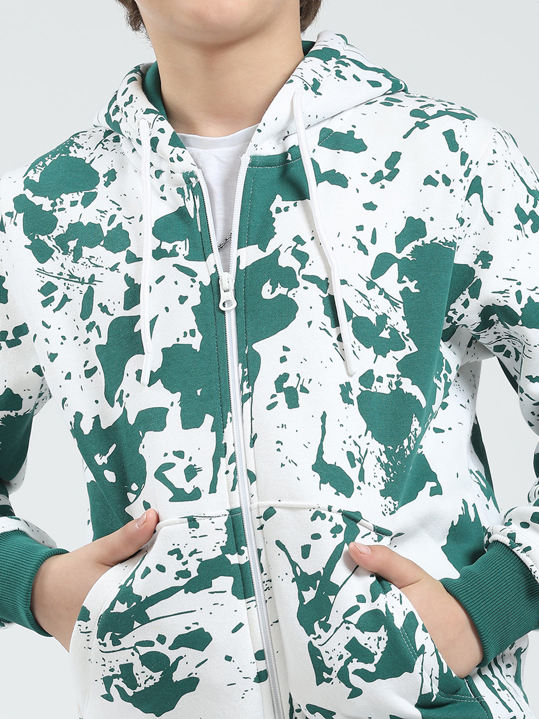 Boys Green Printed Hooded Full Sleeve Tracksuit