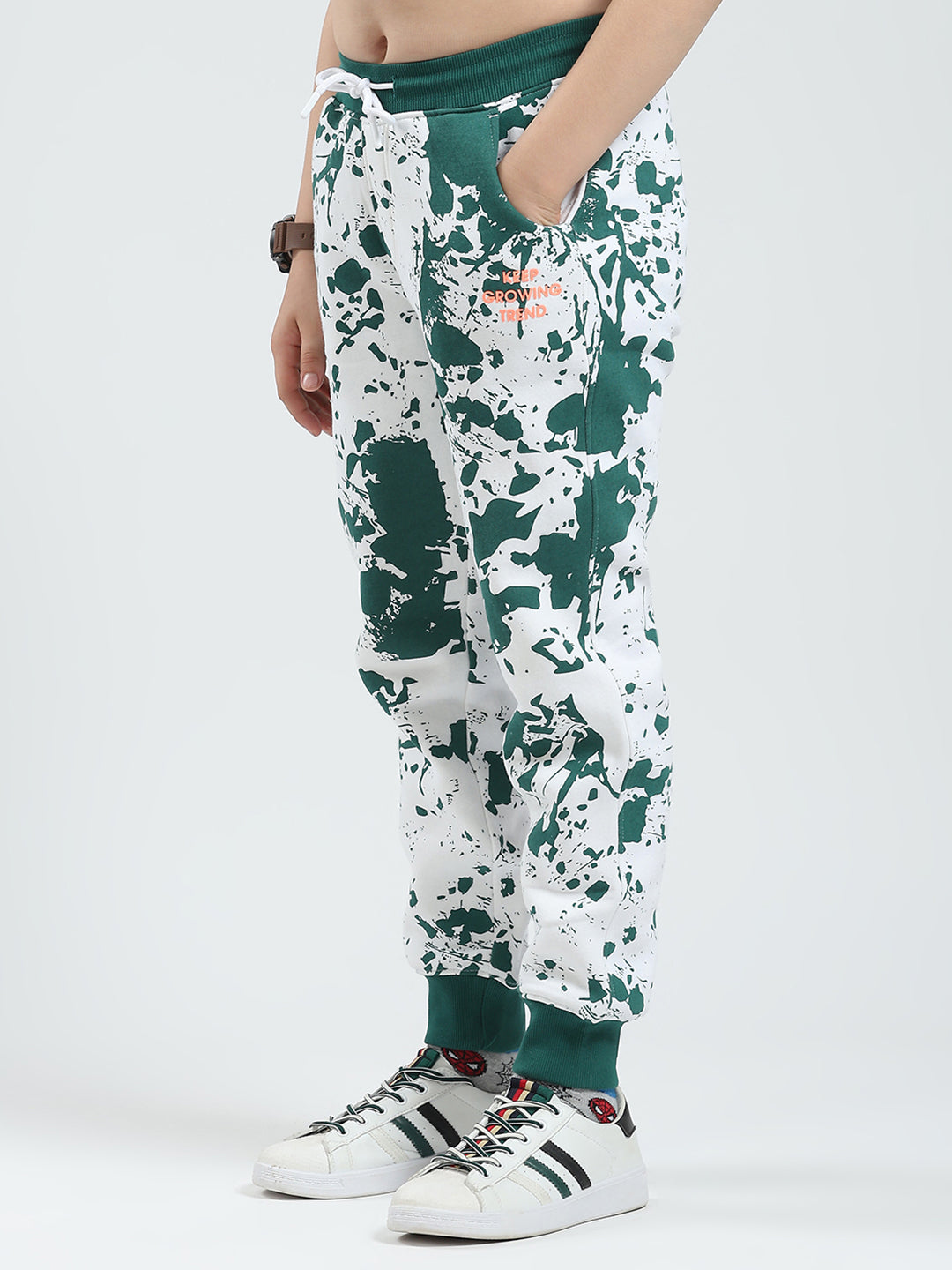 Boys Green Printed Hooded Full Sleeve Tracksuit