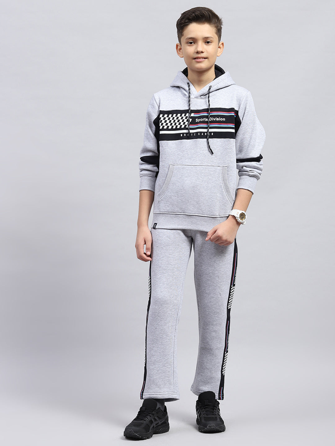Boys Grey Printed Hooded Full Sleeve Tracksuit
