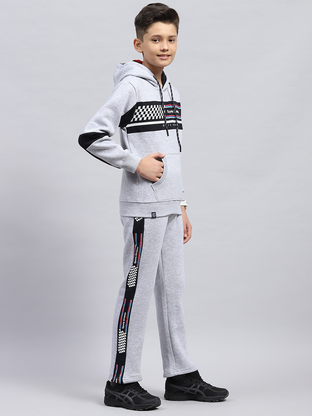 Boys Grey Printed Hooded Full Sleeve Tracksuit