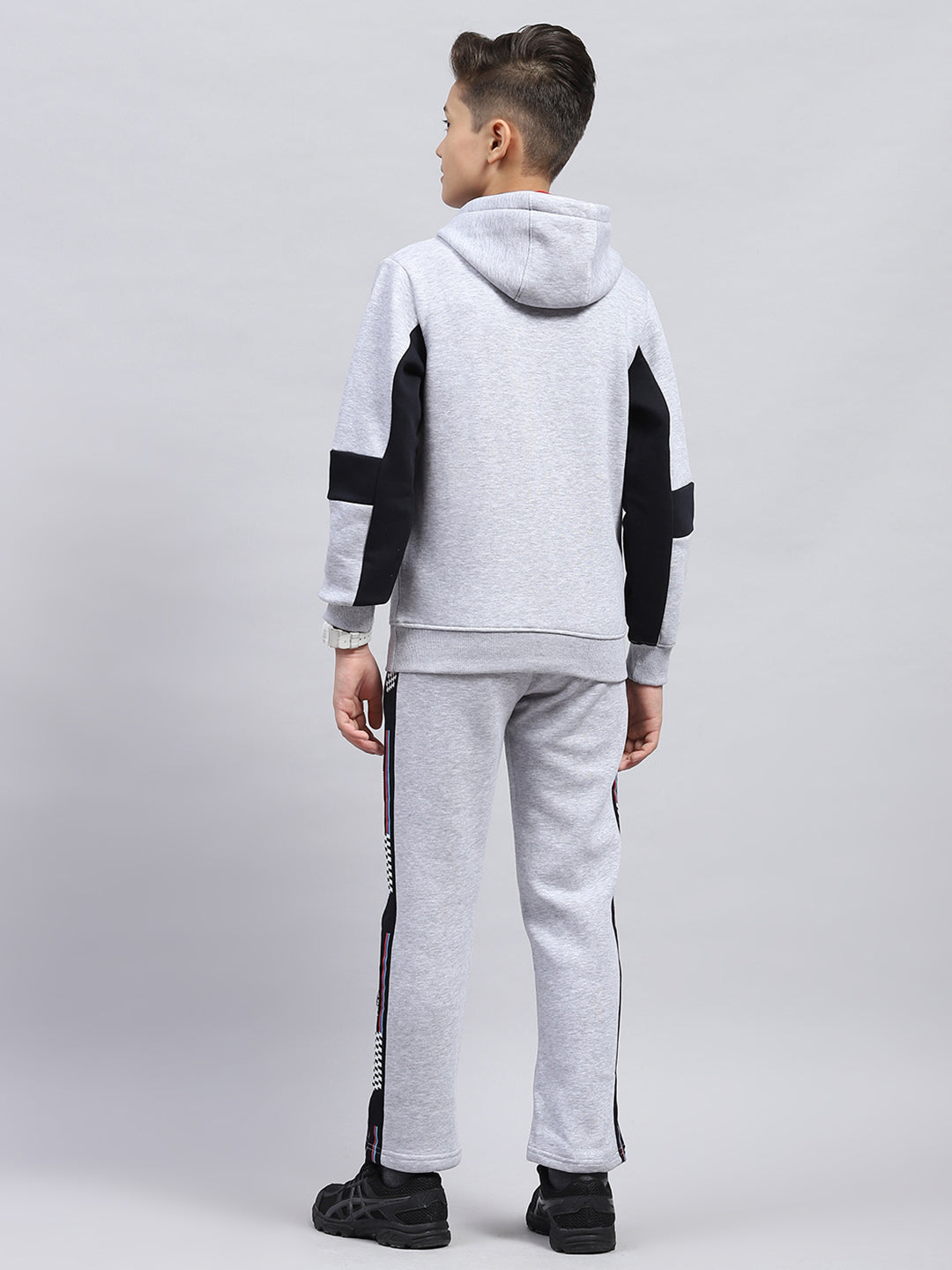 Boys Grey Printed Hooded Full Sleeve Tracksuit