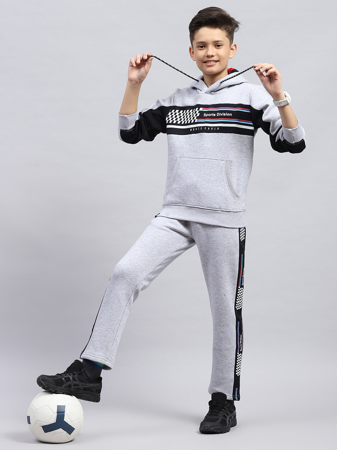 Boys Grey Printed Hooded Full Sleeve Tracksuit