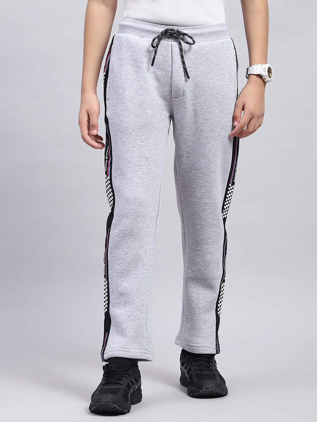 Boys Grey Printed Hooded Full Sleeve Tracksuit