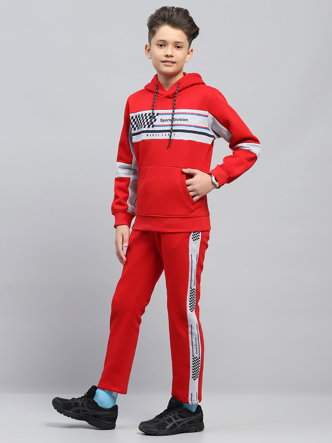 Boys Red Printed Hooded Full Sleeve Tracksuit