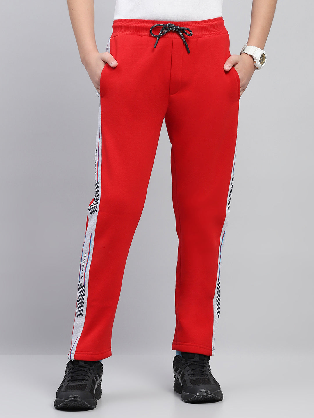 Boys Red Printed Hooded Full Sleeve Tracksuit