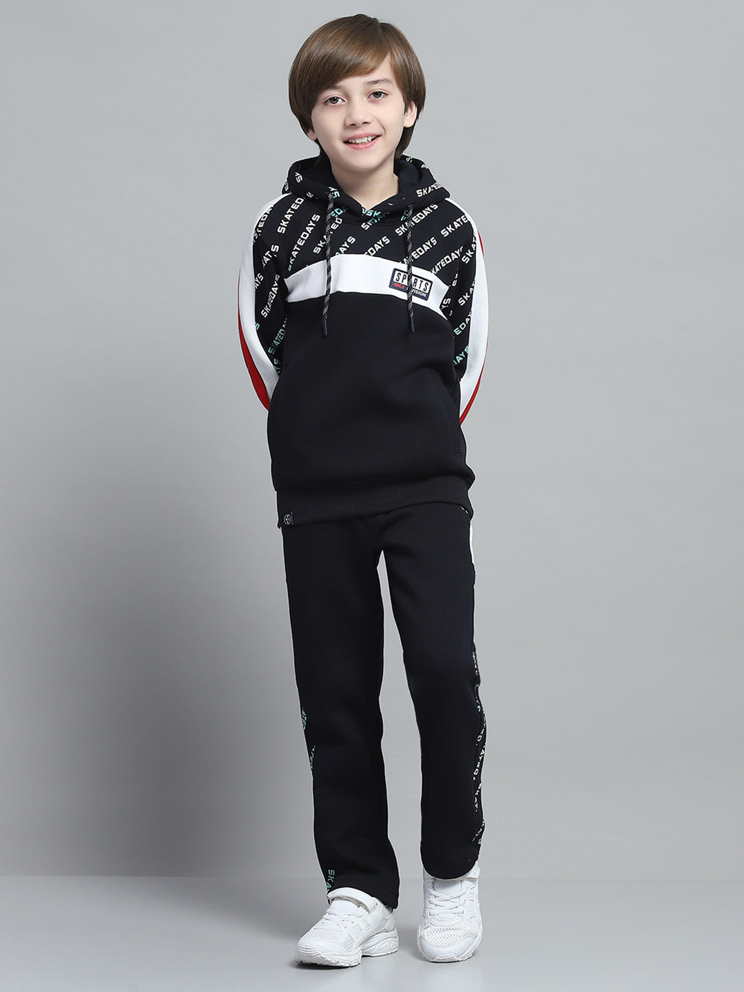 Boys Navy Blue Printed Hooded Full Sleeve Tracksuit