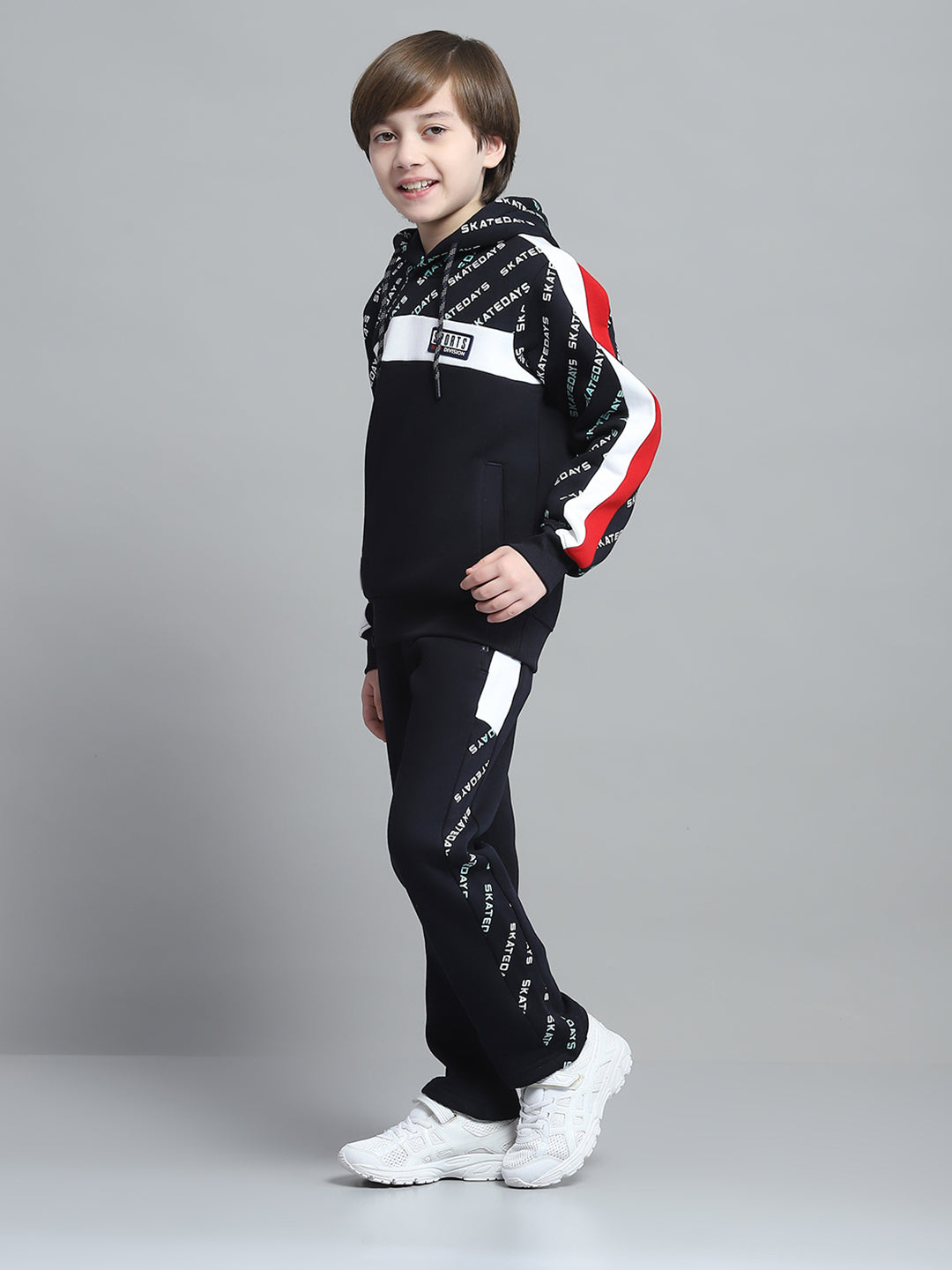 Boys Navy Blue Printed Hooded Full Sleeve Tracksuit