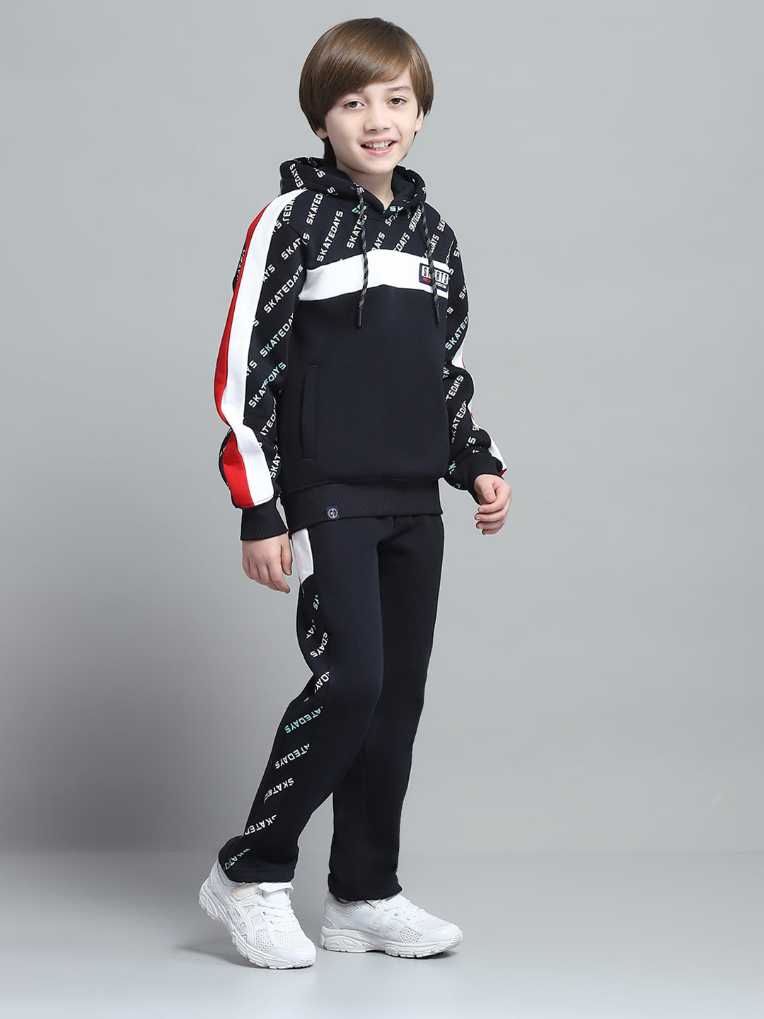 Boys Navy Blue Printed Hooded Full Sleeve Tracksuit