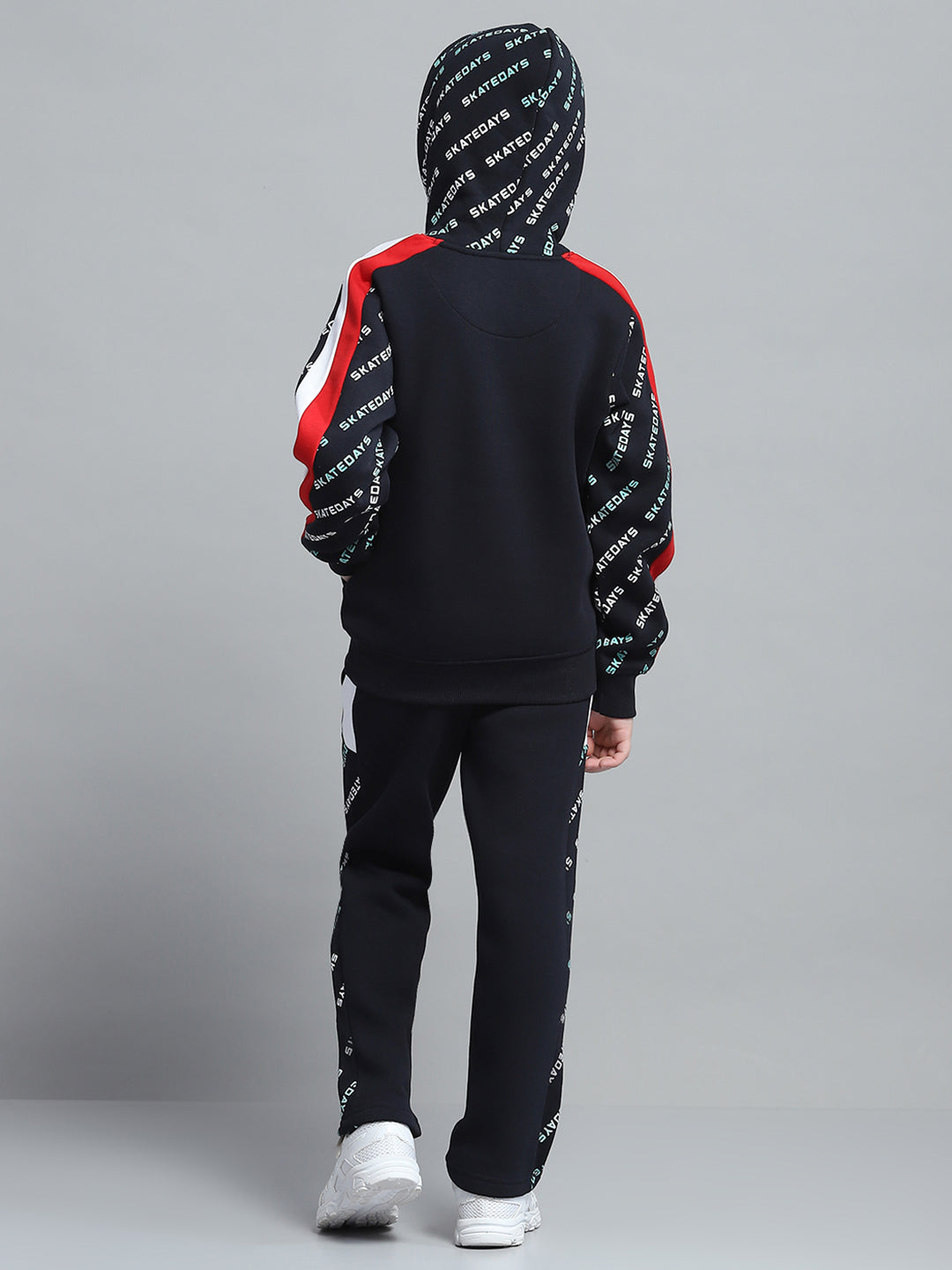 Boys Navy Blue Printed Hooded Full Sleeve Tracksuit
