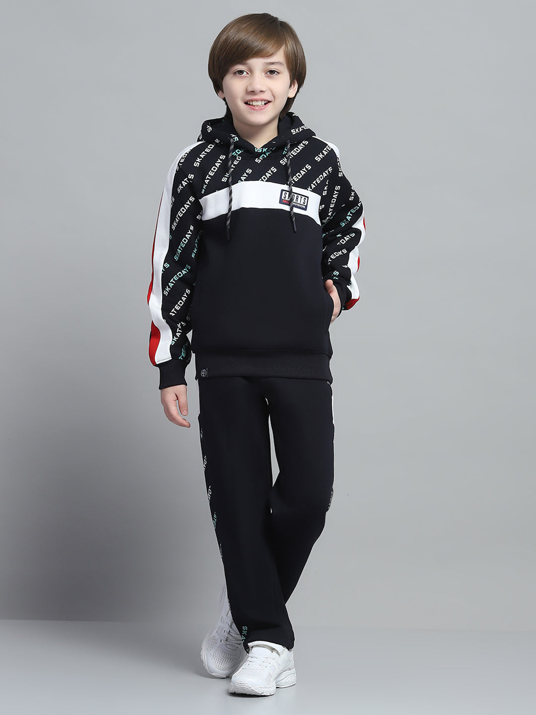 Boys Navy Blue Printed Hooded Full Sleeve Tracksuit