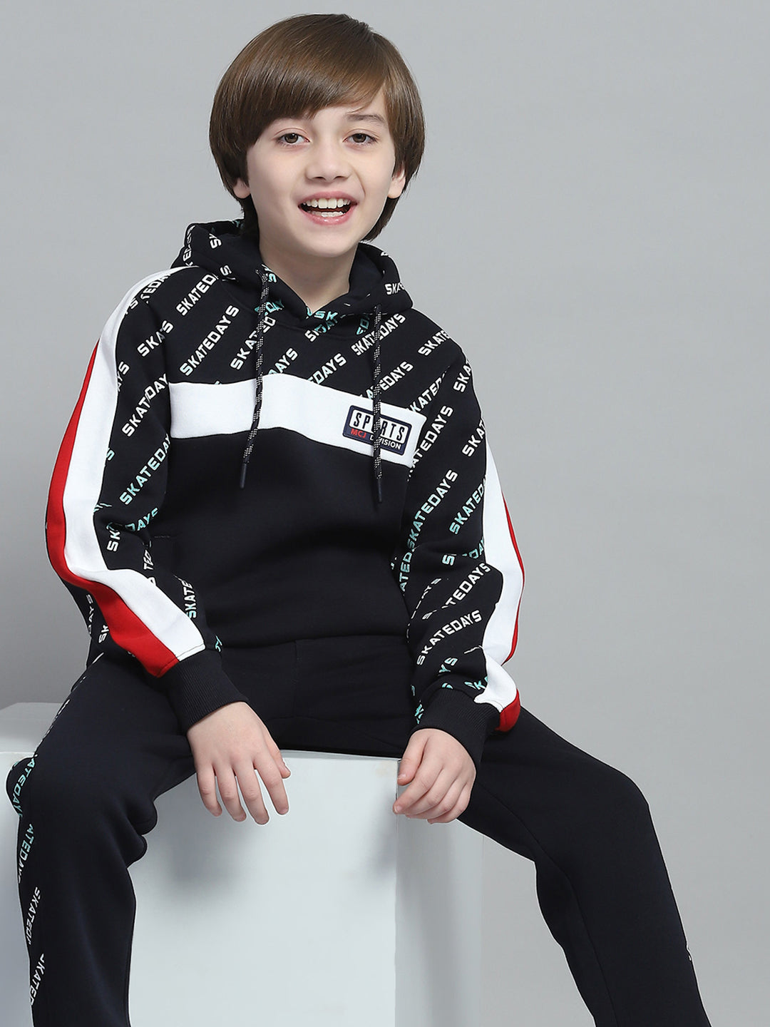 Boys Navy Blue Printed Hooded Full Sleeve Tracksuit