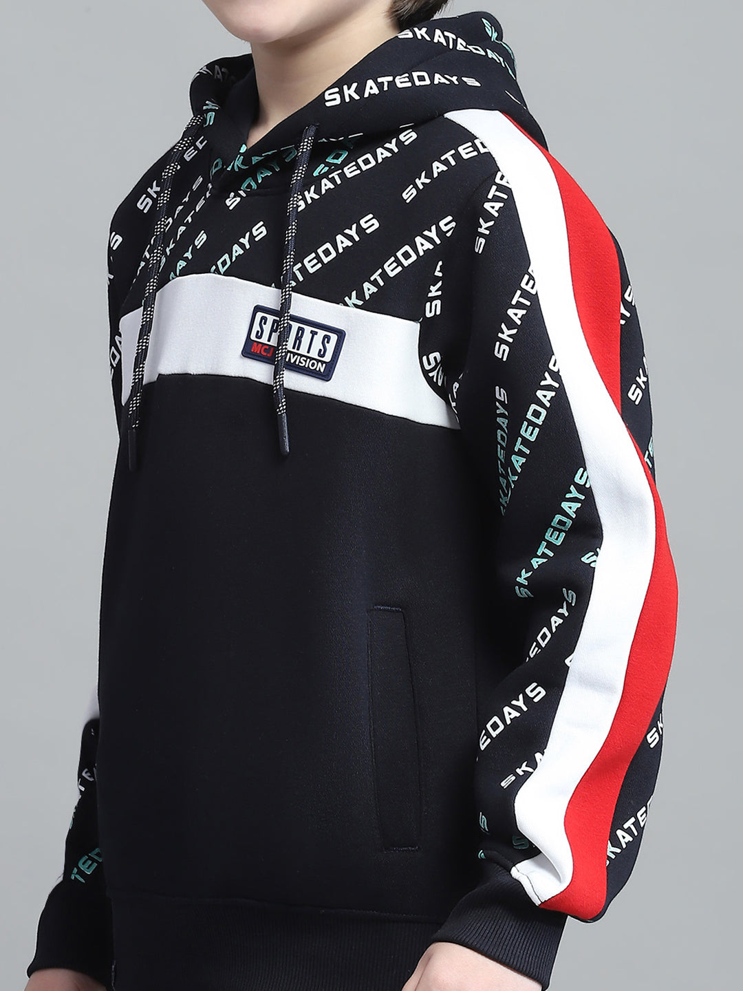 Boys Navy Blue Printed Hooded Full Sleeve Tracksuit