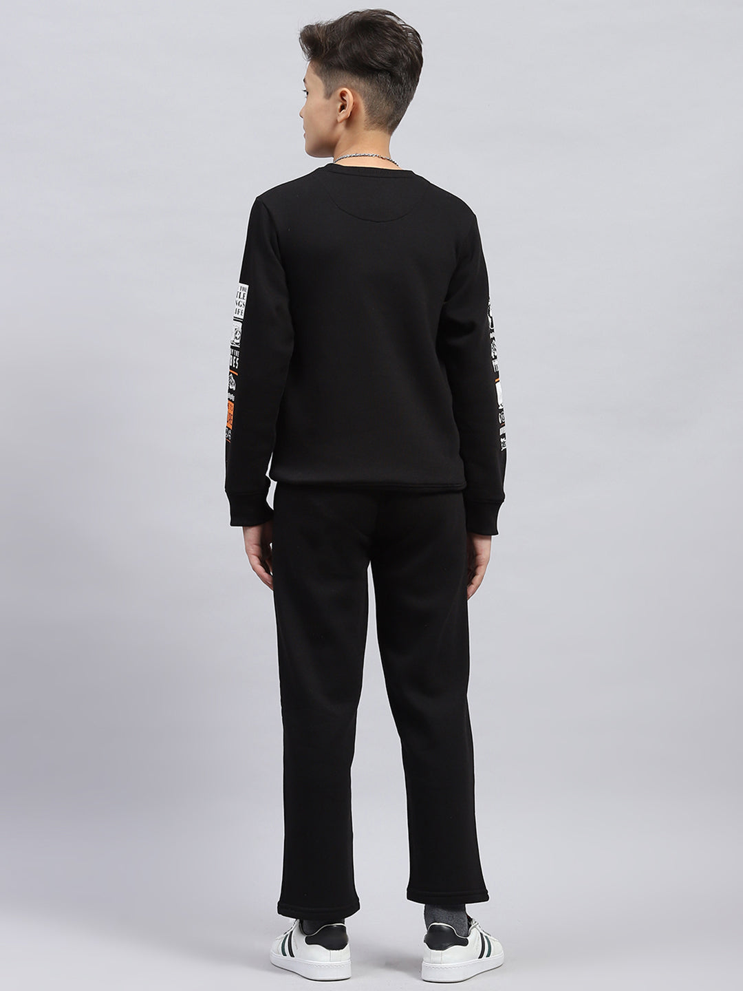 Boys Black Printed Round Neck Full Sleeve Tracksuit